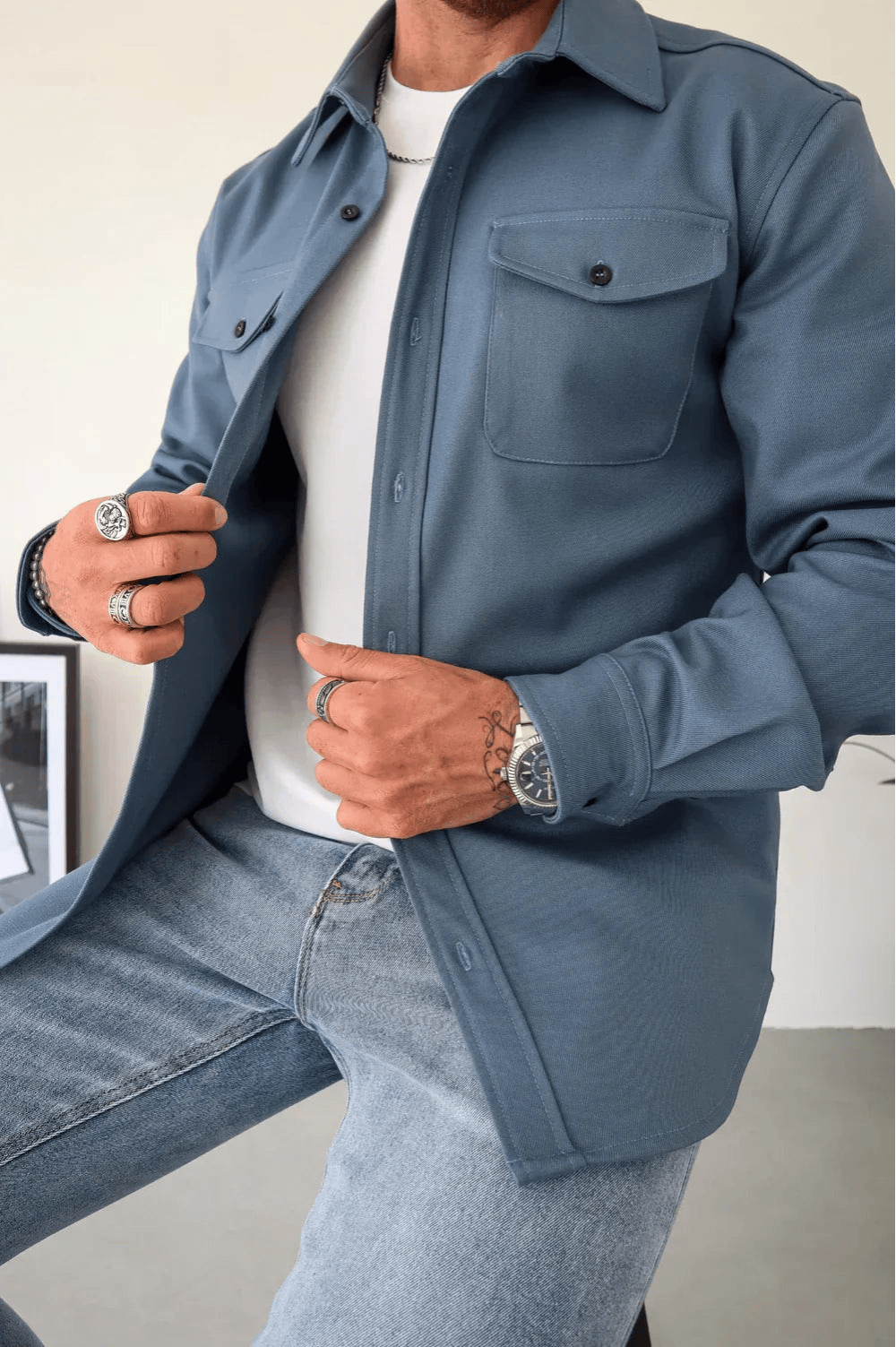 Men's Button Down Shirt Jacket | Double Pocket