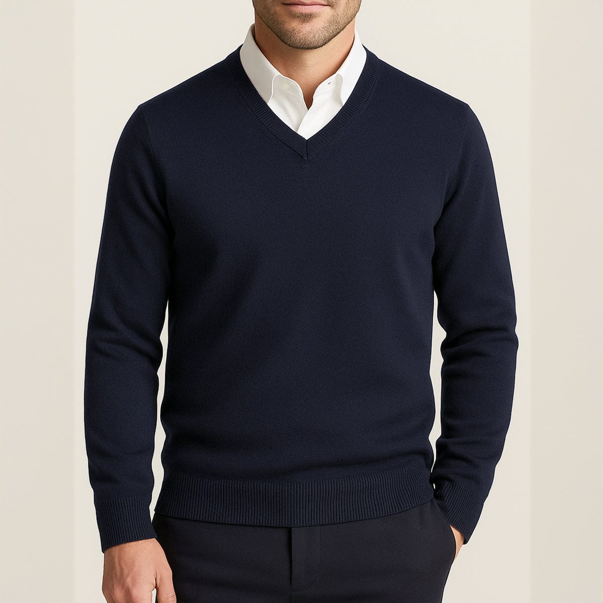 Men's Knit V-Neck Jumper | Ribbed Edge Detail