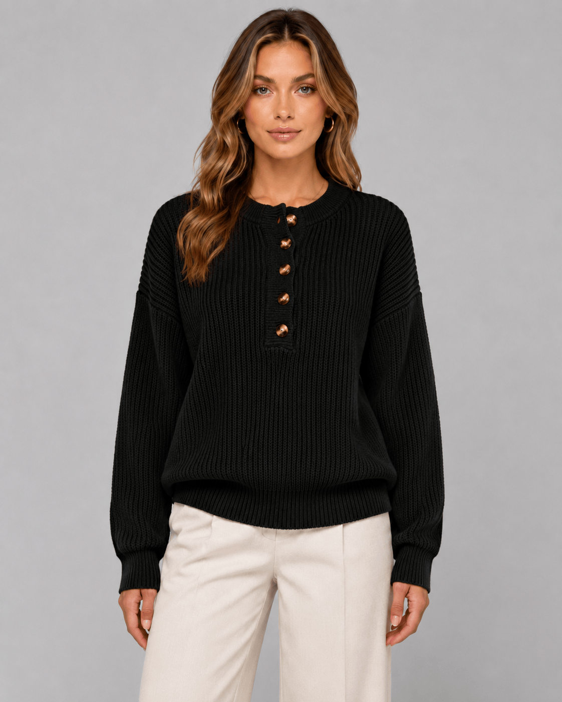 Women's Ribbed Knit Henley Jumper | Button Placket