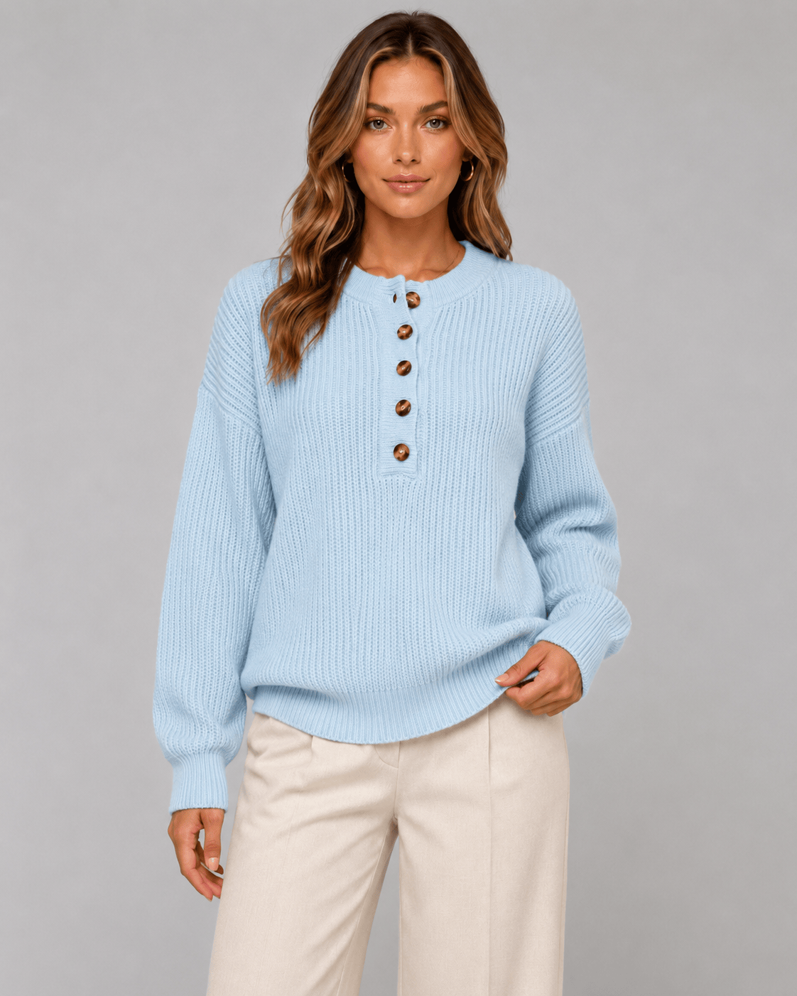 Women's Ribbed Knit Henley Jumper | Button Placket