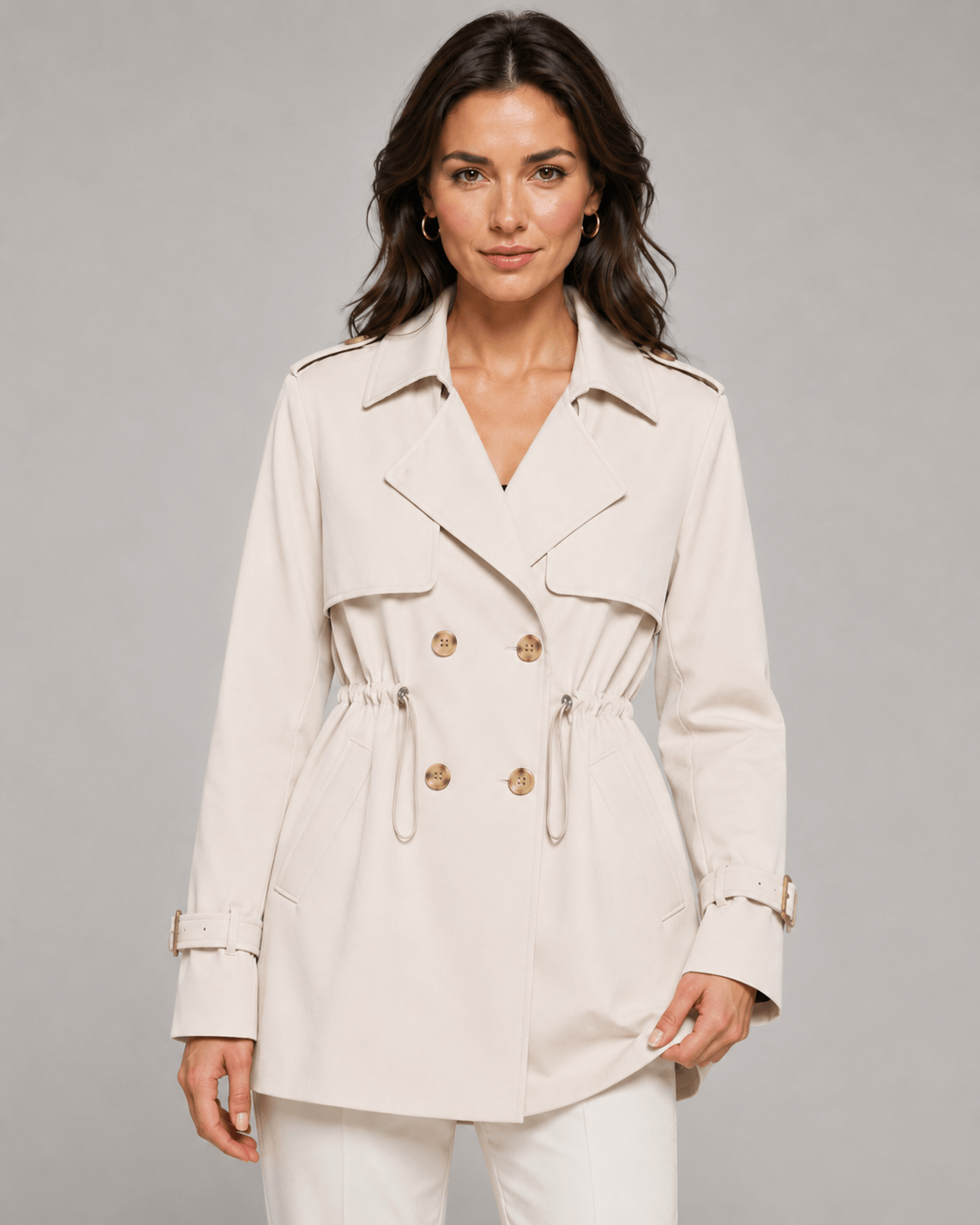 Short Double Breasted Woman Coat with Notch Lapel and Drawstring Waist