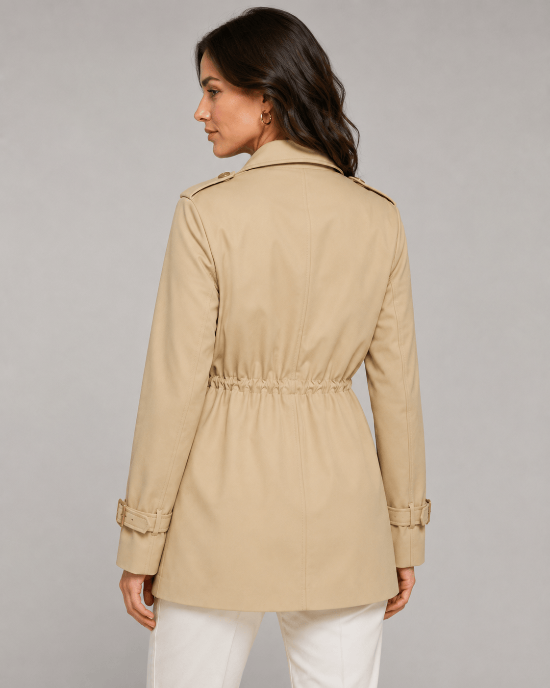 Short Double Breasted Woman Coat with Notch Lapel and Drawstring Waist
