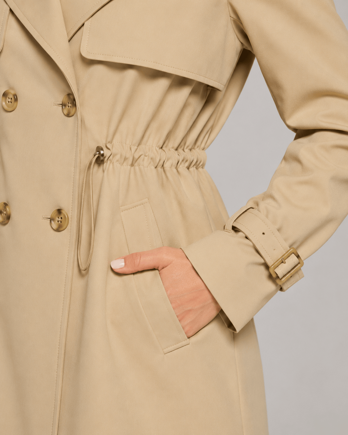 Short Double Breasted Woman Coat with Notch Lapel and Drawstring Waist