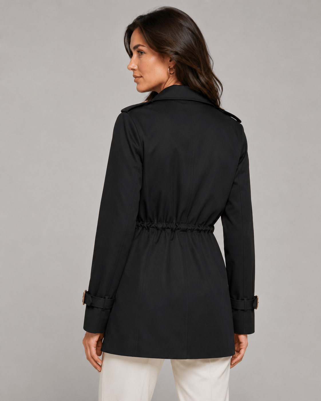 Short Double Breasted Woman Coat with Notch Lapel and Drawstring Waist