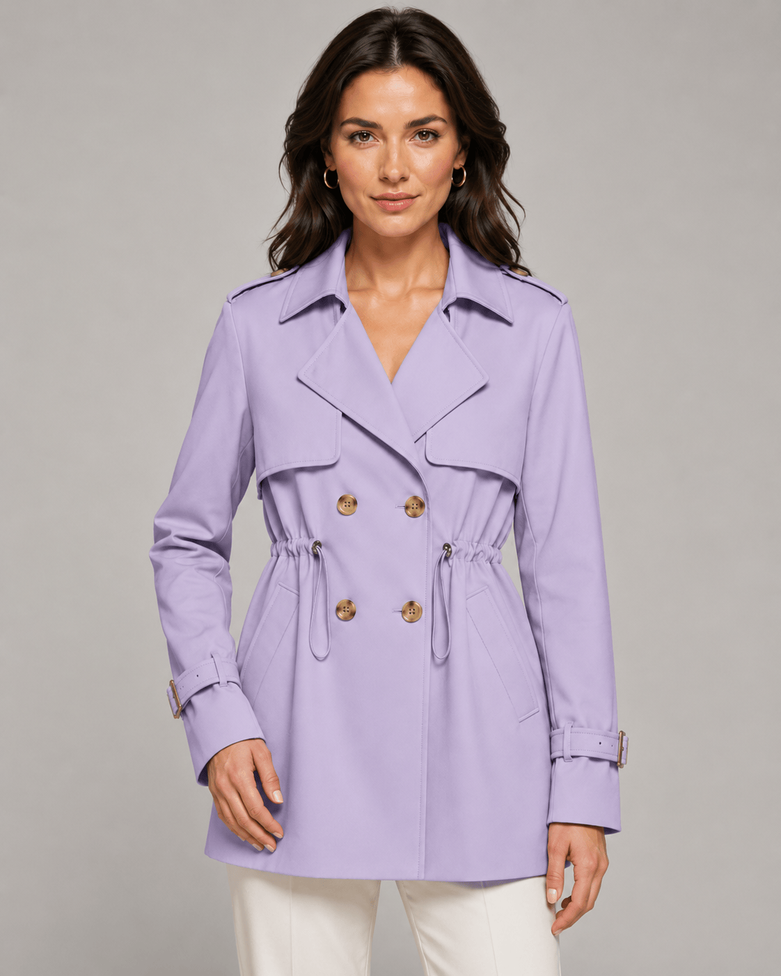 Short Double Breasted Woman Coat with Notch Lapel and Drawstring Waist