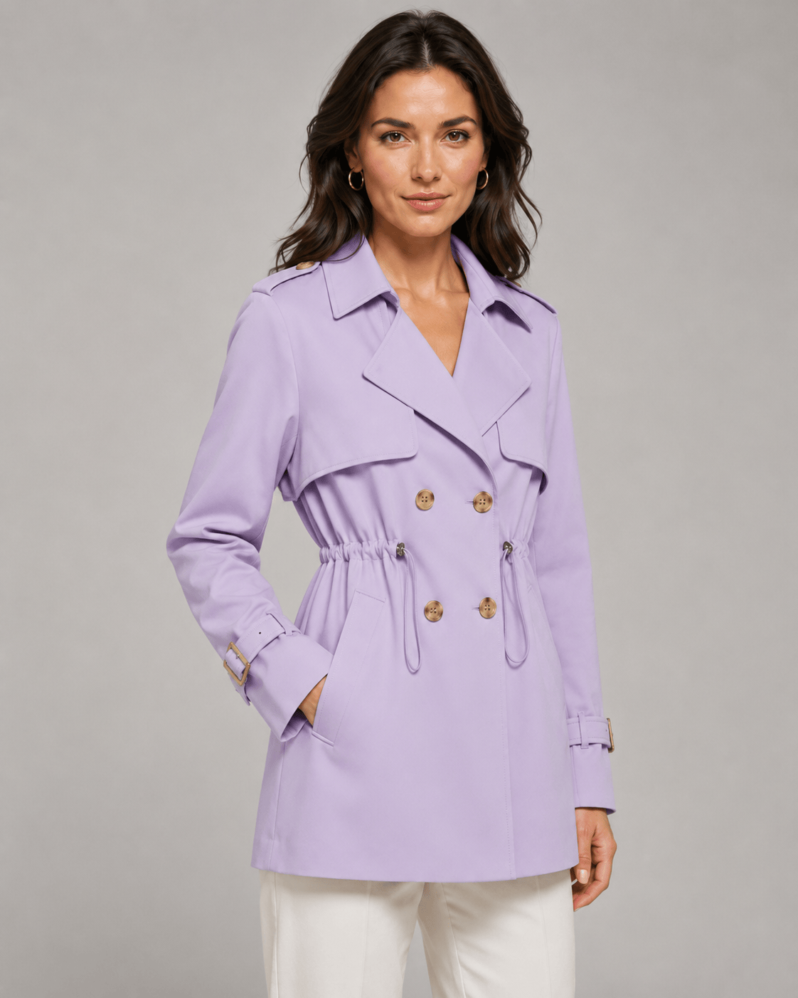 Short Double Breasted Woman Coat with Notch Lapel and Drawstring Waist