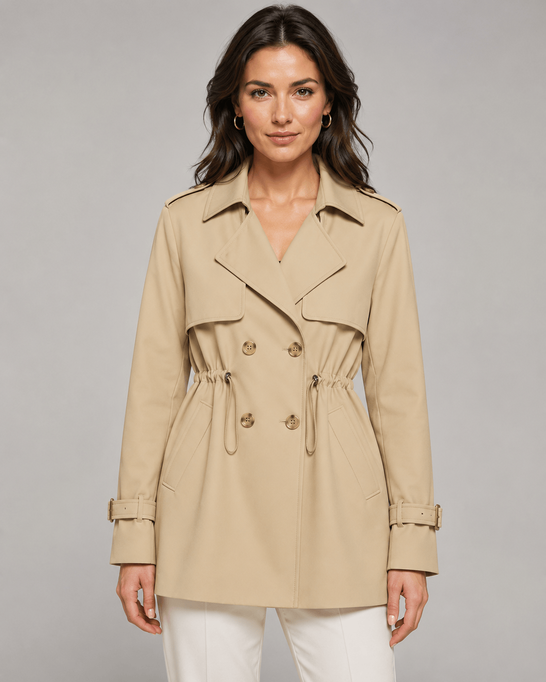 Short Double Breasted Woman Coat with Notch Lapel and Drawstring Waist