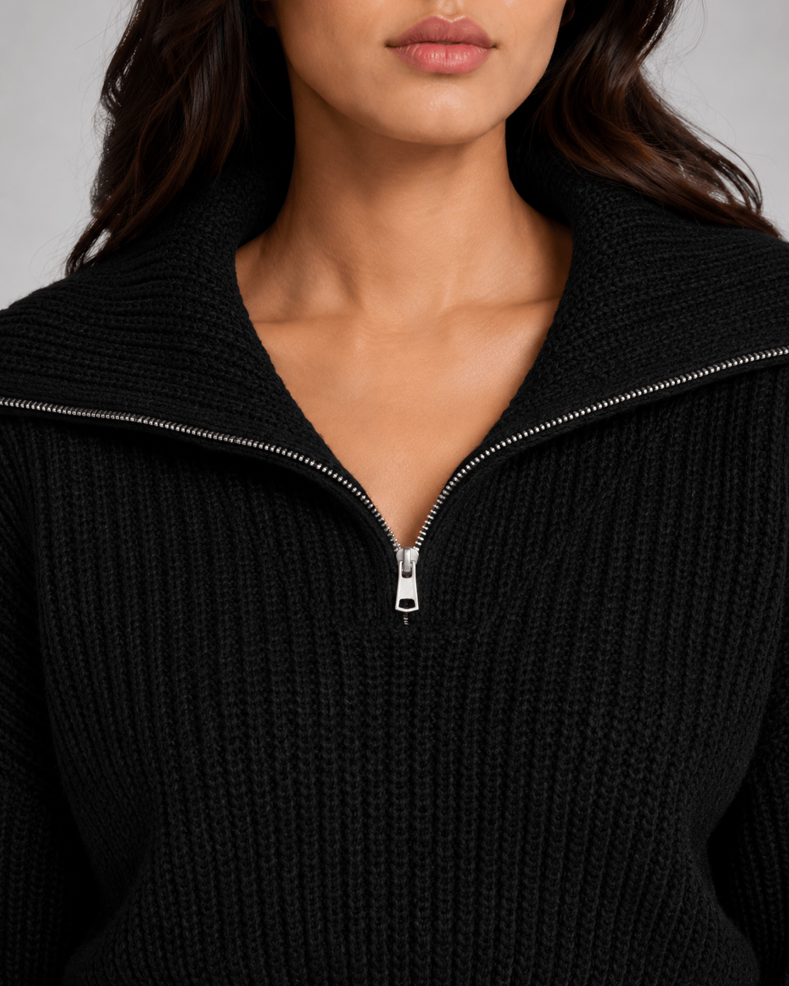 Women's Half-Zip Ribbed Jumper | Cropped Fit & Wide Collar