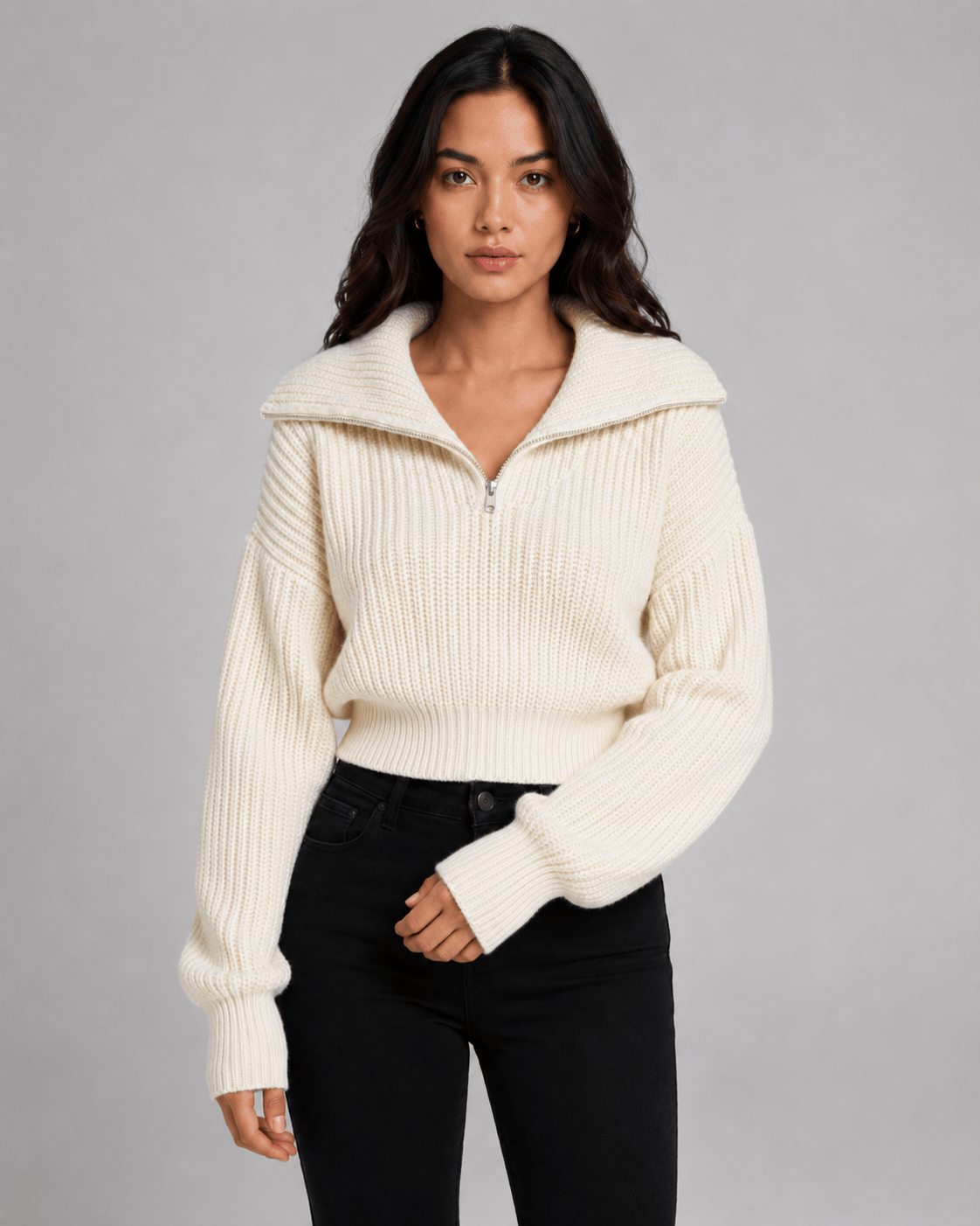 Women's Half-Zip Ribbed Jumper | Cropped Fit & Wide Collar