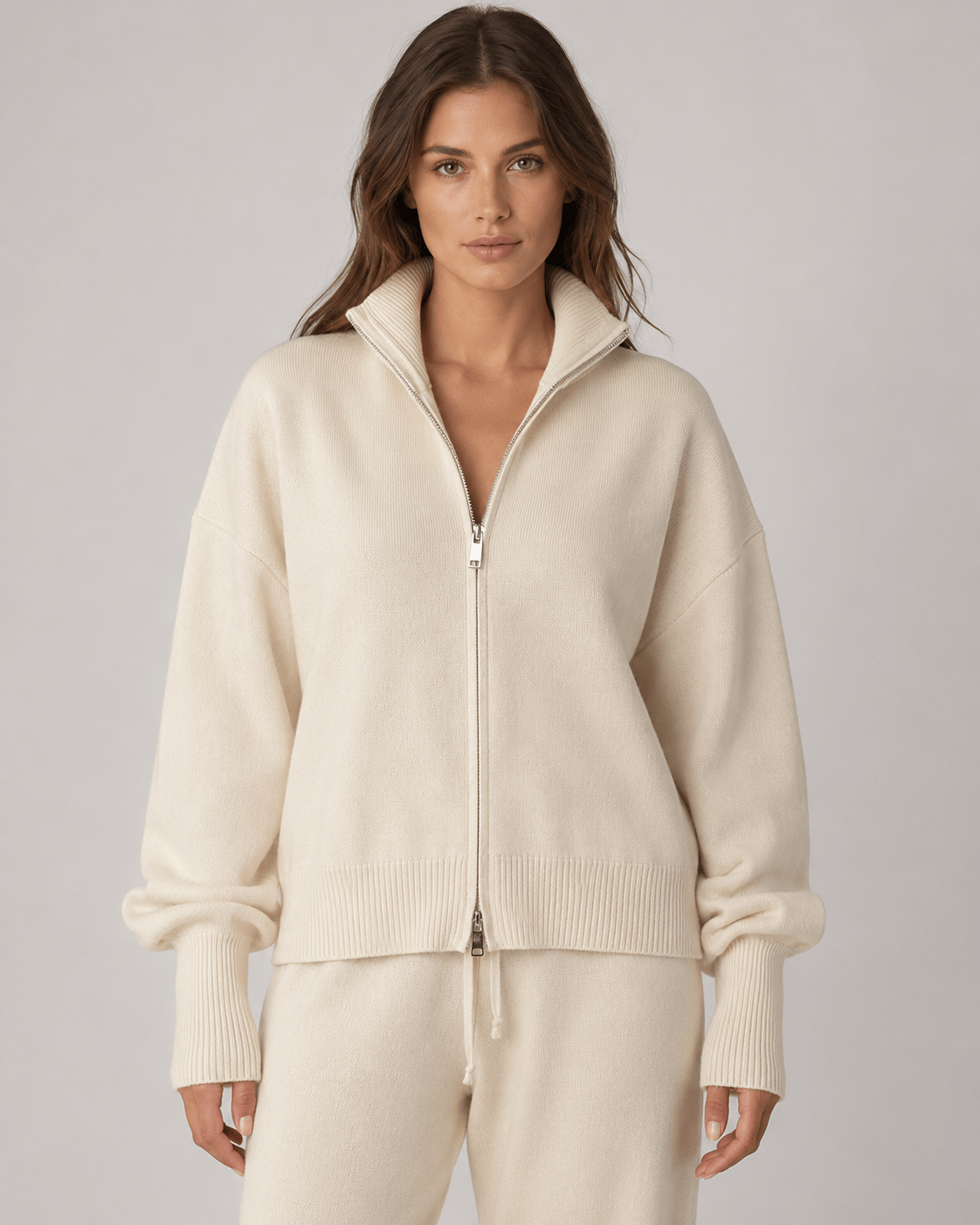 Womens Zip-Up Funnel Neck Cardigan with Relaxed Drop-Shoulder Fit